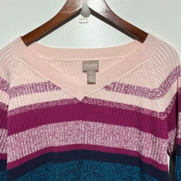 Chico's Women's Multicolor Colorblock Knitted V-Neck Pullover Sweater Medium - Picture 5 of 12